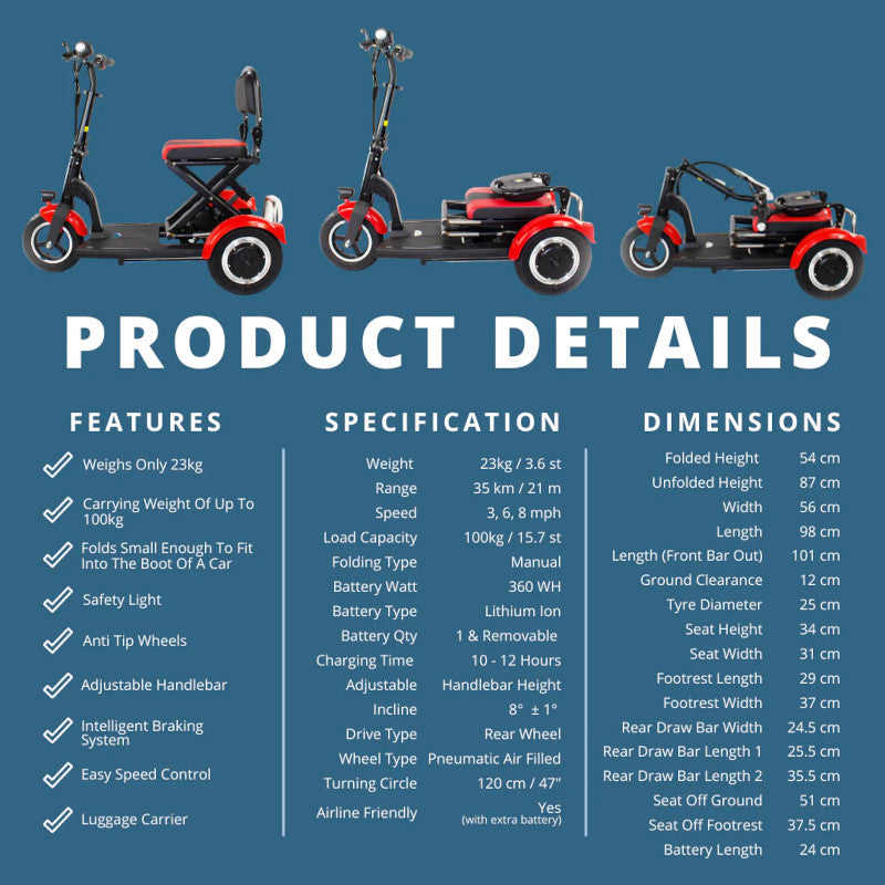 Betty & Bertie Lupin Manual Folding Mobility Scooter Ultra Light Weight Collapsible 100kg Capacity