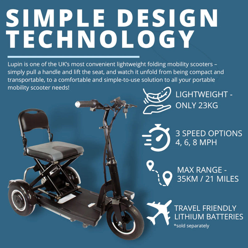Betty & Bertie Lupin Manual Folding Mobility Scooter Ultra Light Weight Collapsible 100kg Capacity