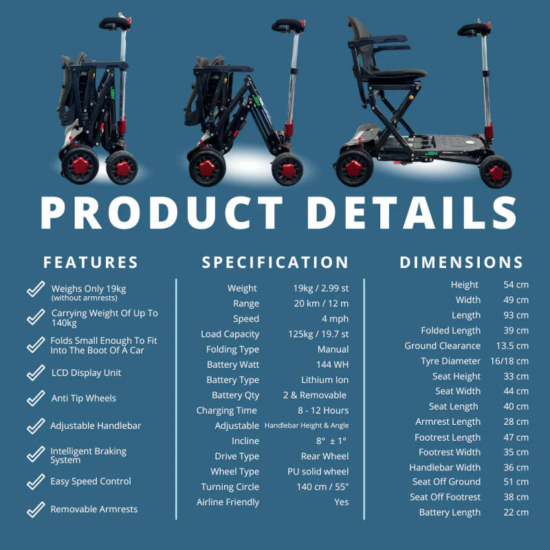 Betty & Bertie Zinnia CarbonLite Manual Folding Mobility Scooter Ultra Light Collapsible 140kg Capacity
