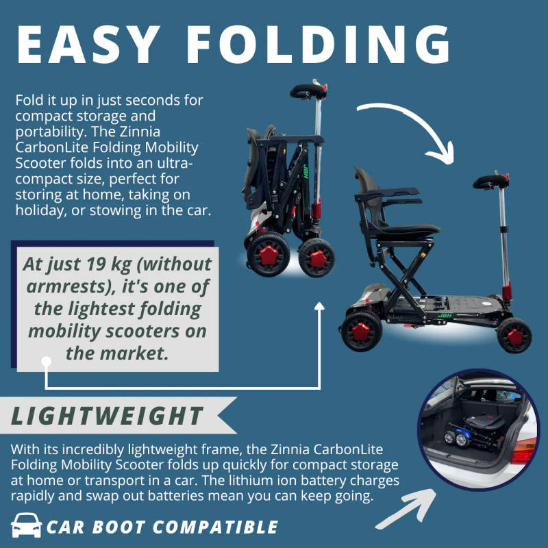 Betty & Bertie Zinnia CarbonLite Manual Folding Mobility Scooter Ultra Light Collapsible 140kg Capacity