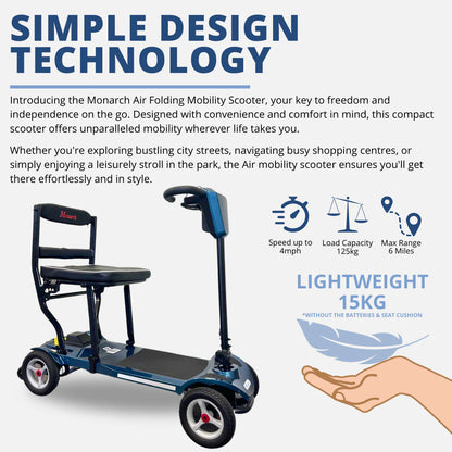 Monarch Air Manual Folding Mobility Scooter Ultra Light Weight Collapsible 125kg Capacity